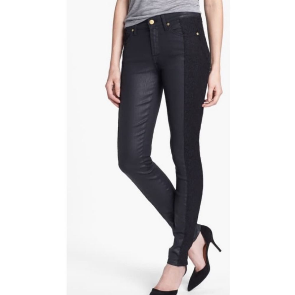 7 For All Mankind 25 Faux Leather Coated Black Pants with lace trim